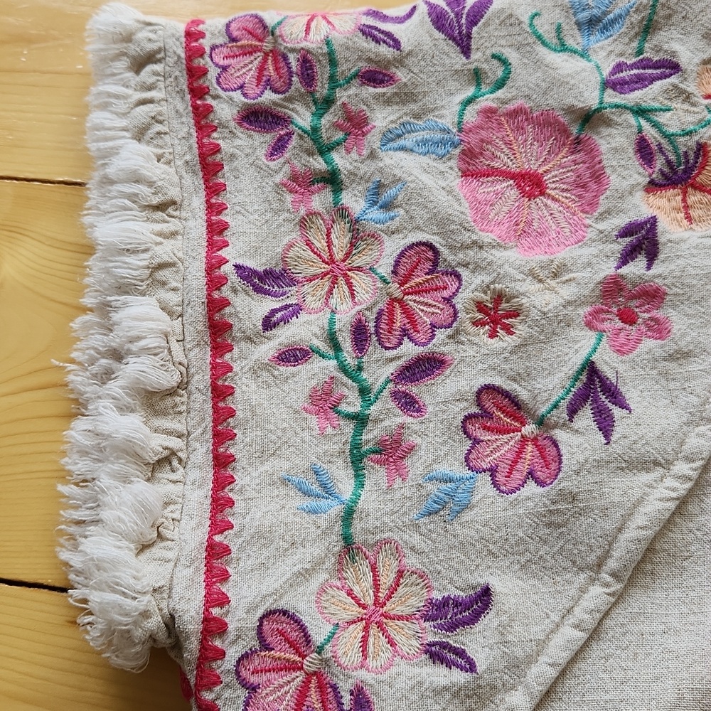 Umgee Embroidered Sleeves Linen Cotton Blend Round Neck w/ Frayed High Low Hem M - Picture 11 of 15